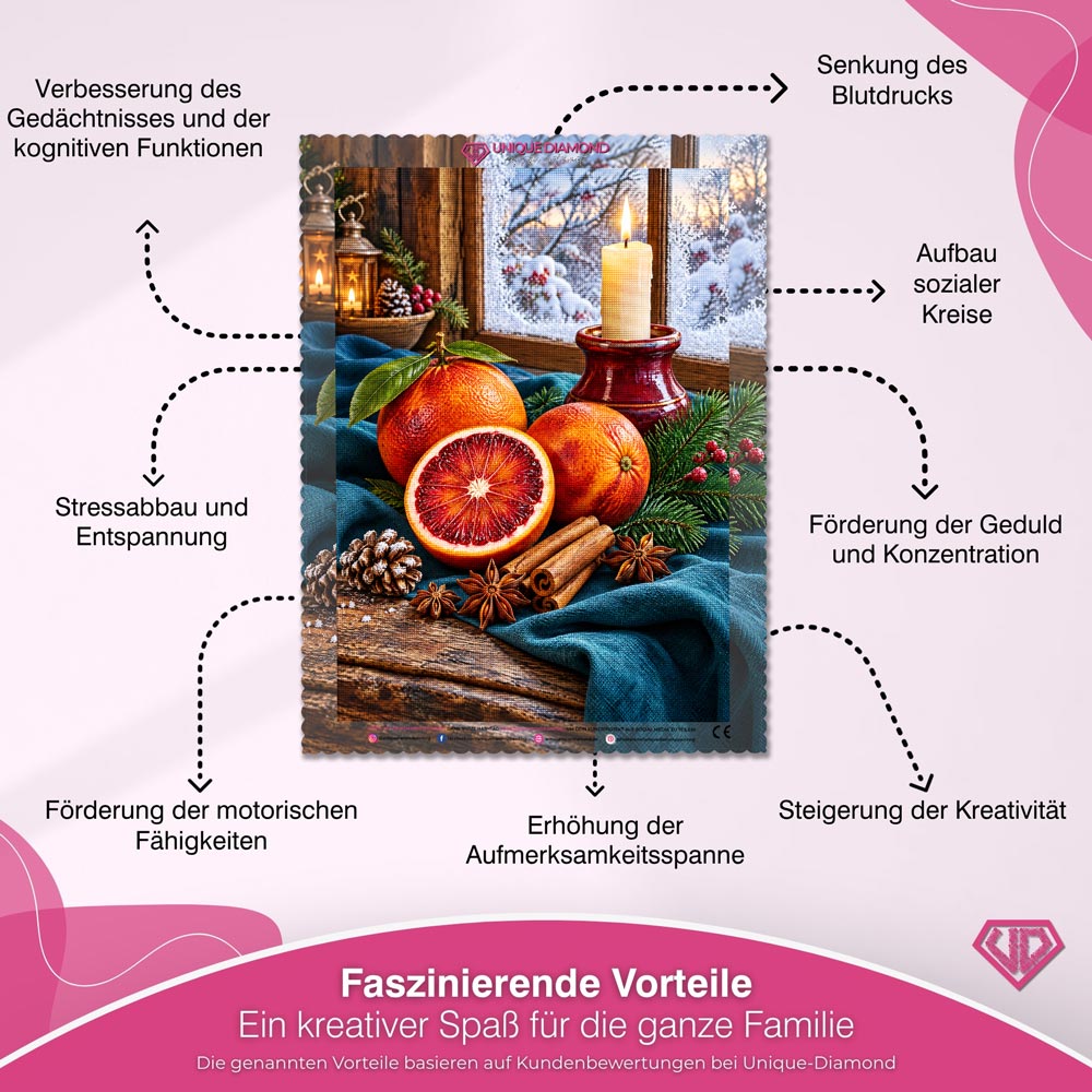 5D Diamond Painting – Blutorangen im winterlichen Kerzenschein
