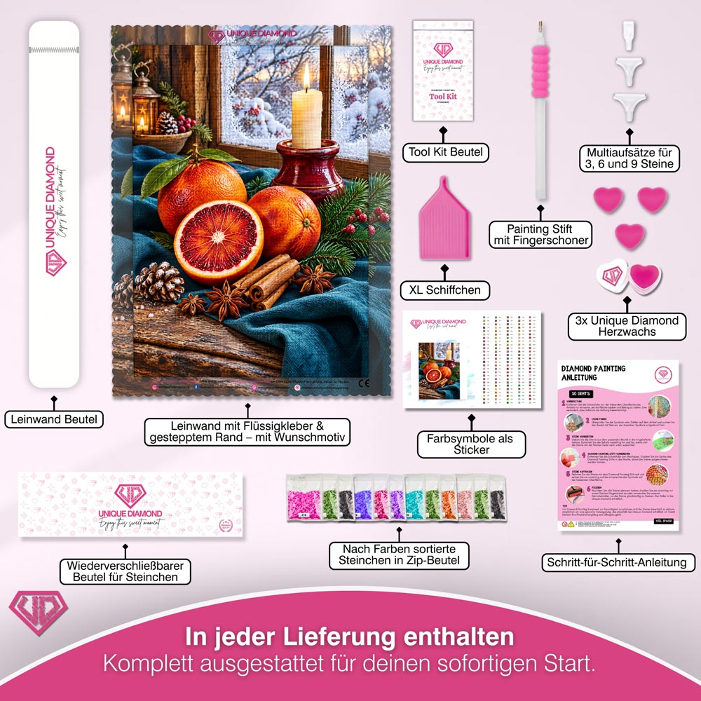 5D Diamond Painting – Blutorangen im winterlichen Kerzenschein
