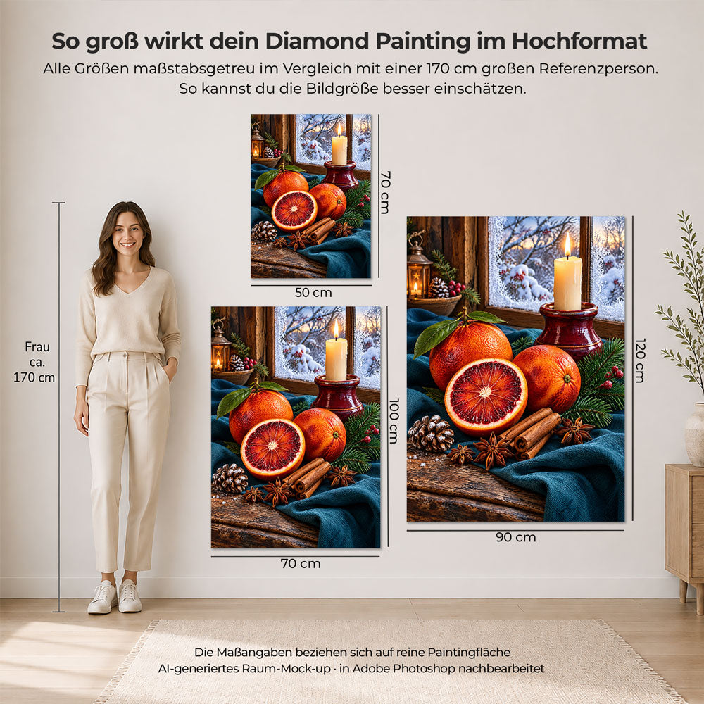 5D Diamond Painting – Blutorangen im winterlichen Kerzenschein