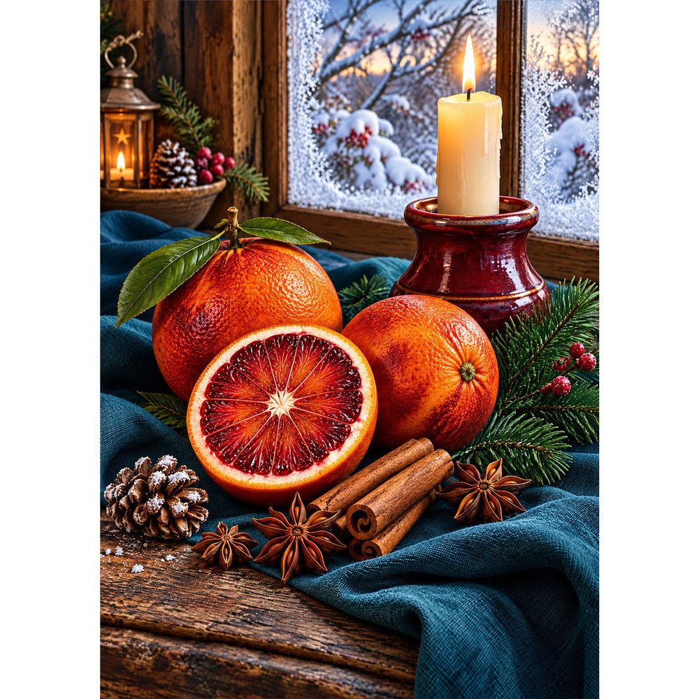 5D Diamond Painting – Blutorangen im winterlichen Kerzenschein | Unique Diamond