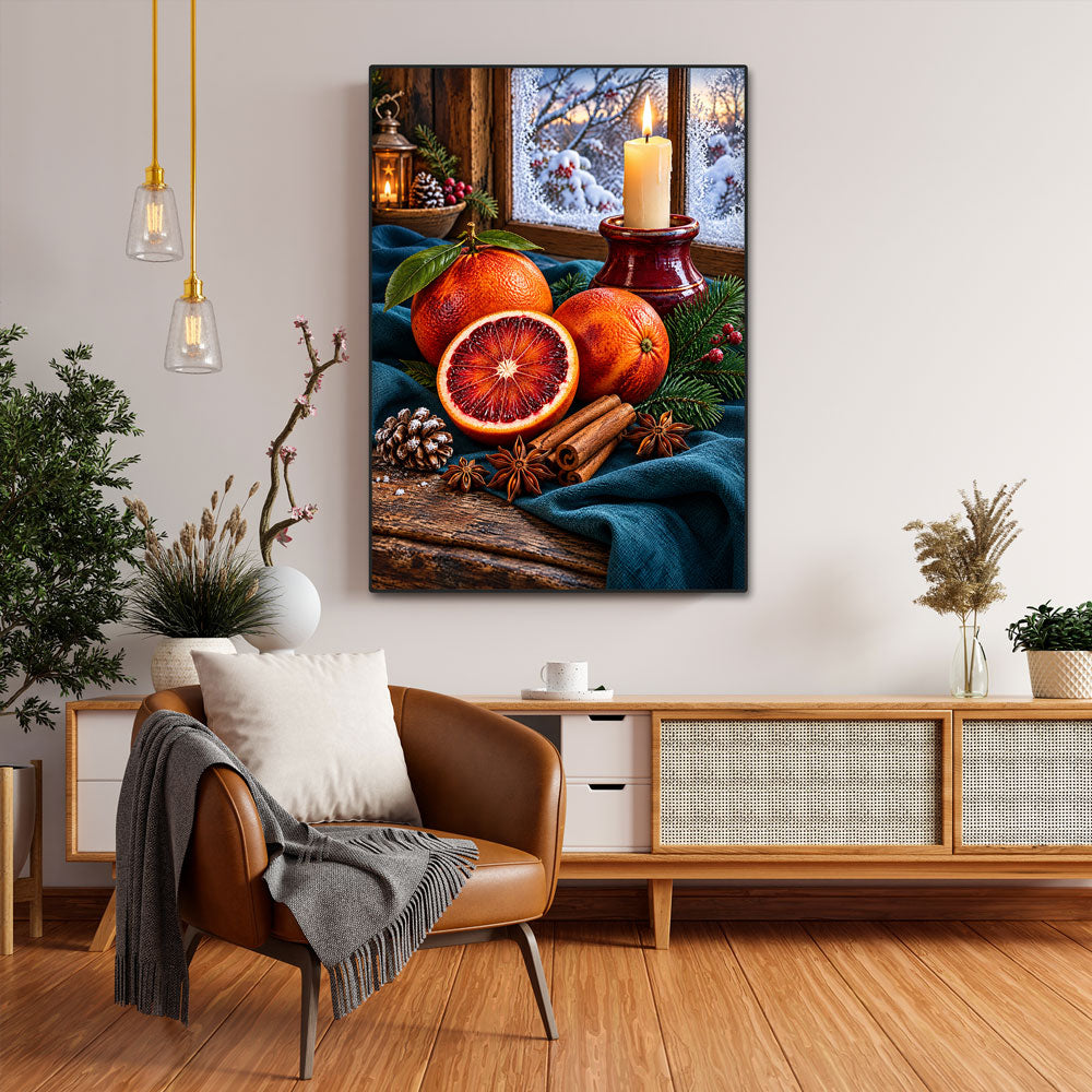 5D Diamond Painting – Blutorangen im winterlichen Kerzenschein