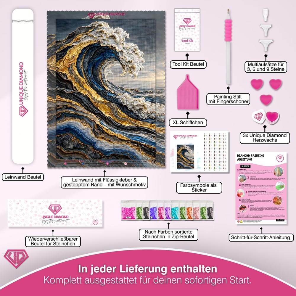 5D Diamond Painting – Brandung aus Gold und Saphir