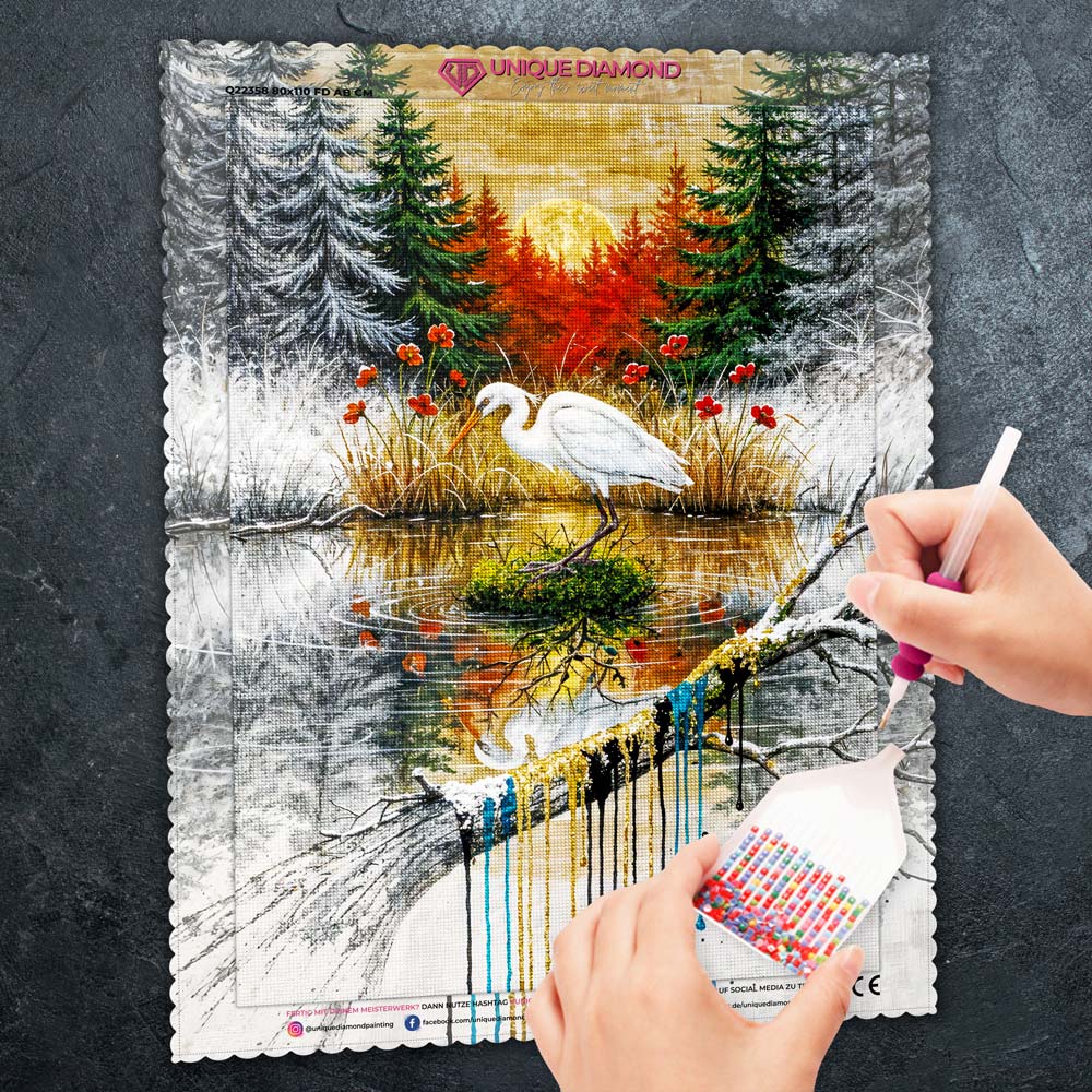 5D Diamond Painting – Der weiße Reiher im Farbspiel der Natur Unique-Diamond