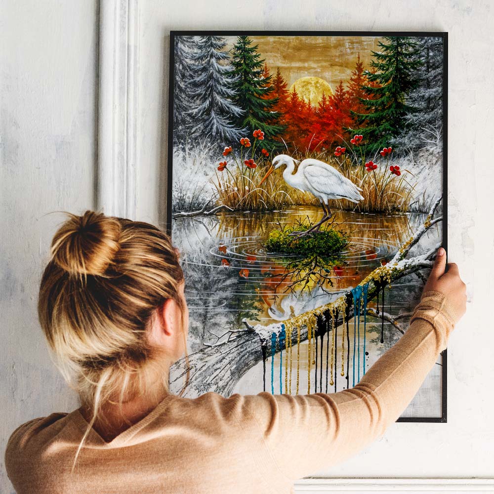 5D Diamond Painting – Der weiße Reiher im Farbspiel der Natur Unique-Diamond