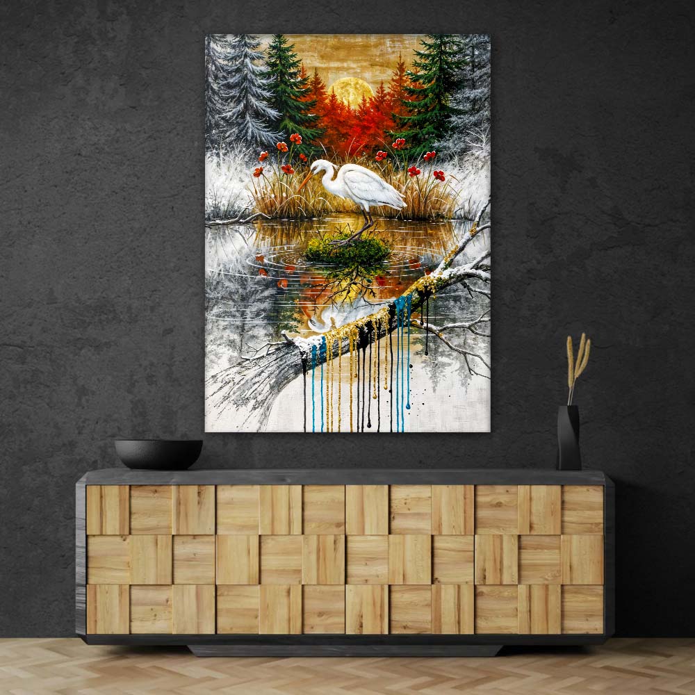 5D Diamond Painting – Der weiße Reiher im Farbspiel der Natur Unique-Diamond