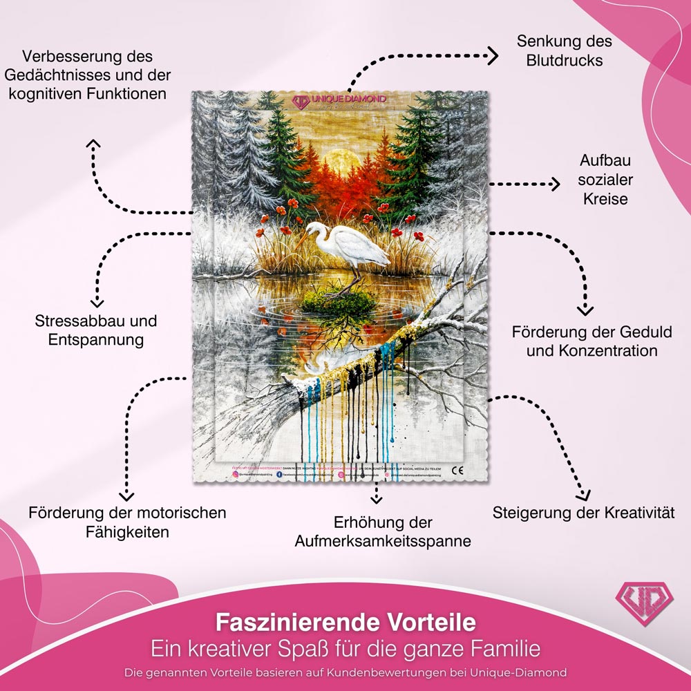 5D Diamond Painting – Der weiße Reiher im Farbspiel der Natur Unique-Diamond