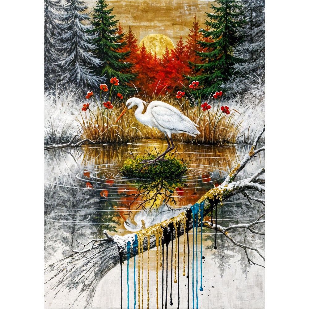 5D Diamond Painting – Der weiße Reiher im Farbspiel der Natur Unique-Diamond