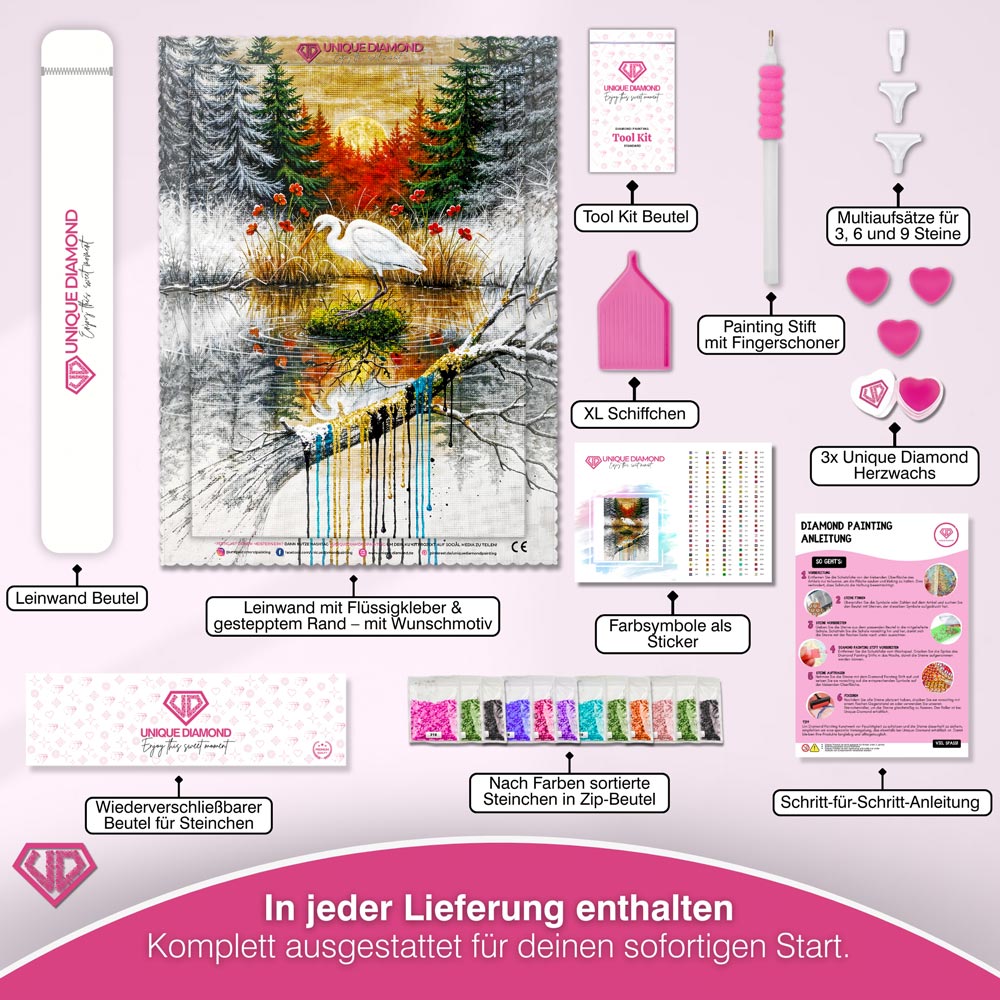 5D Diamond Painting – Der weiße Reiher im Farbspiel der Natur Unique-Diamond