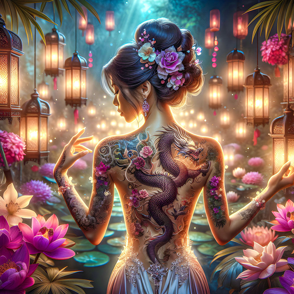 5D Diamond Painting – Drachenlicht im Blütenhain, Unique-Diamond