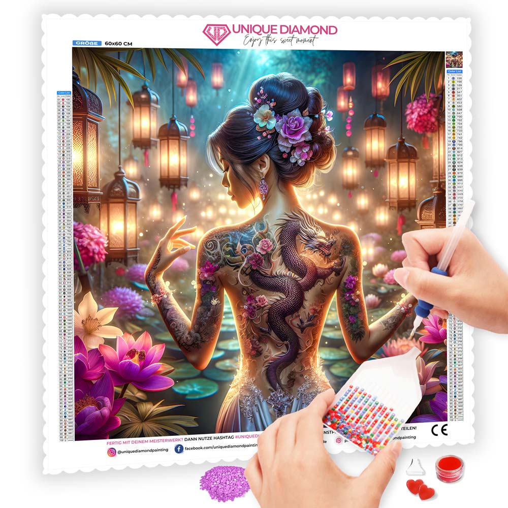 5D Diamond Painting – Drachenlicht im Blütenhain, Unique-Diamond