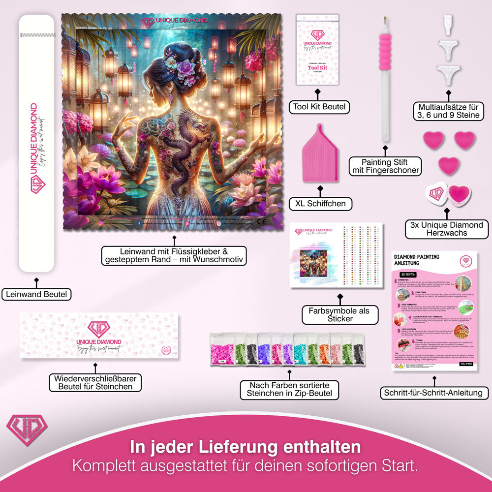 5D Diamond Painting – Drachenlicht im Blütenhain Unique-Diamond