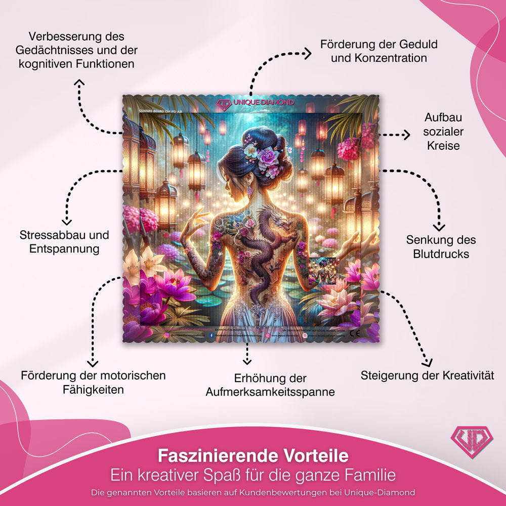 5D Diamond Painting – Drachenlicht im Blütenhain Unique-Diamond