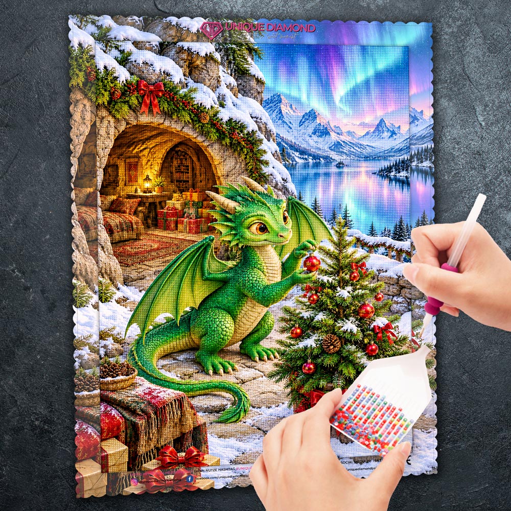 5D Diamond Painting – Drachenweihnacht im Nordlichtschein