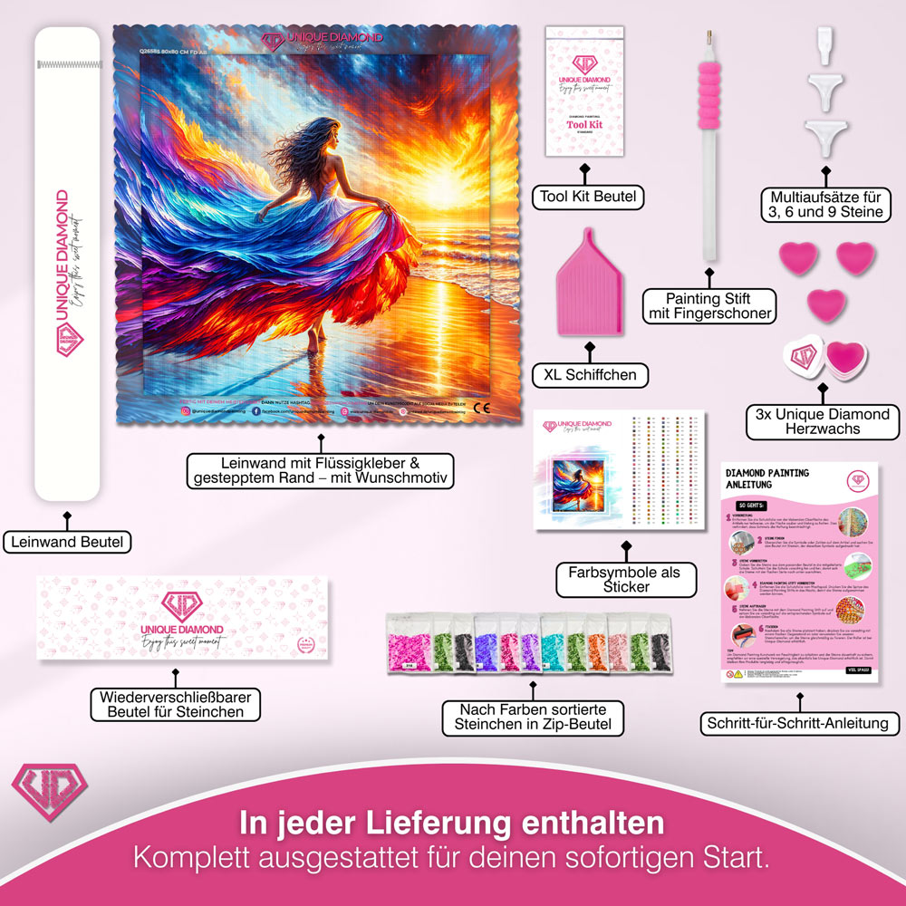 5D Diamond Painting – Elenas Feuerkleid im Sonnenuntergang Unique-Diamond