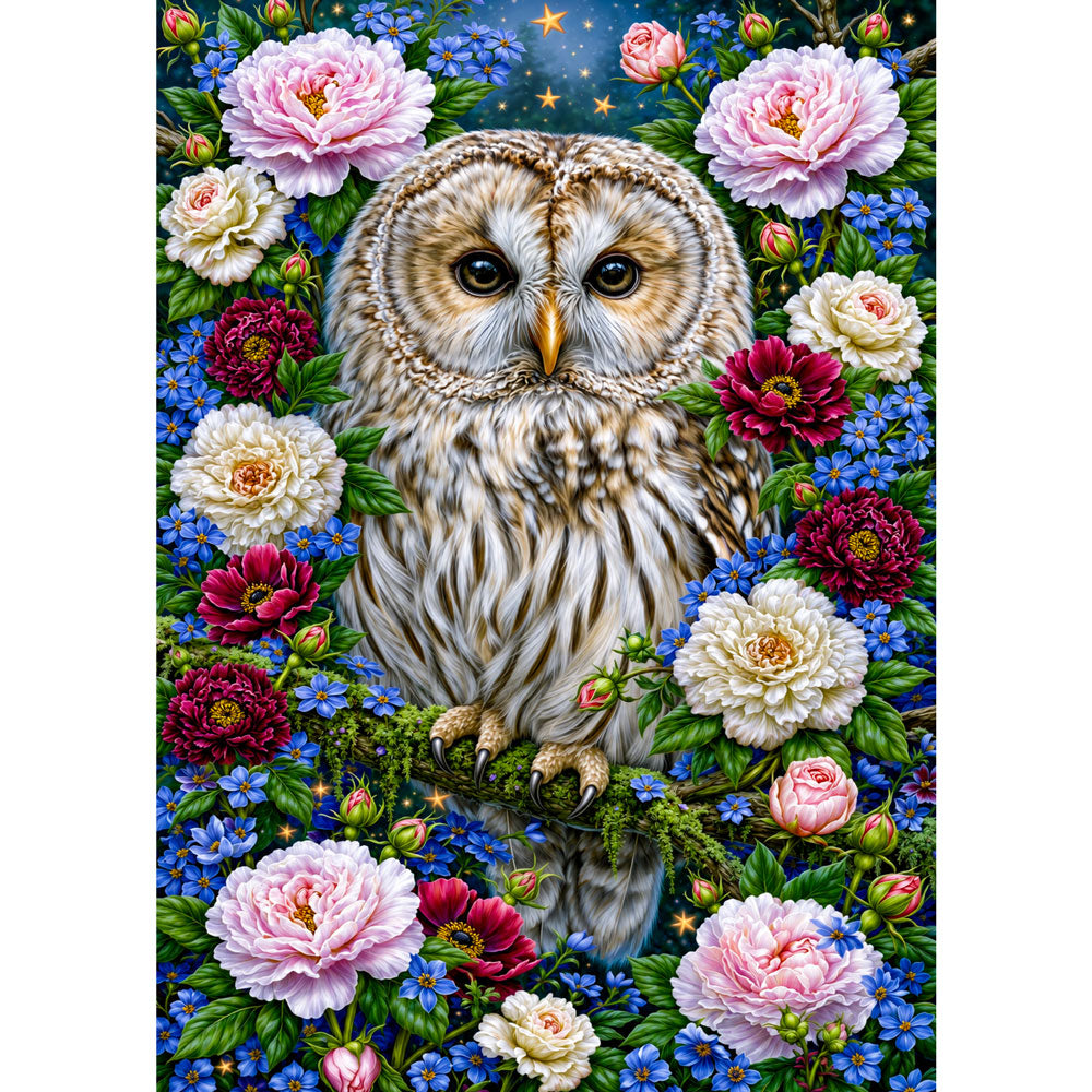 5D Diamond Painting – Eule im Garten der Sternenblüten | Unique Diamond
