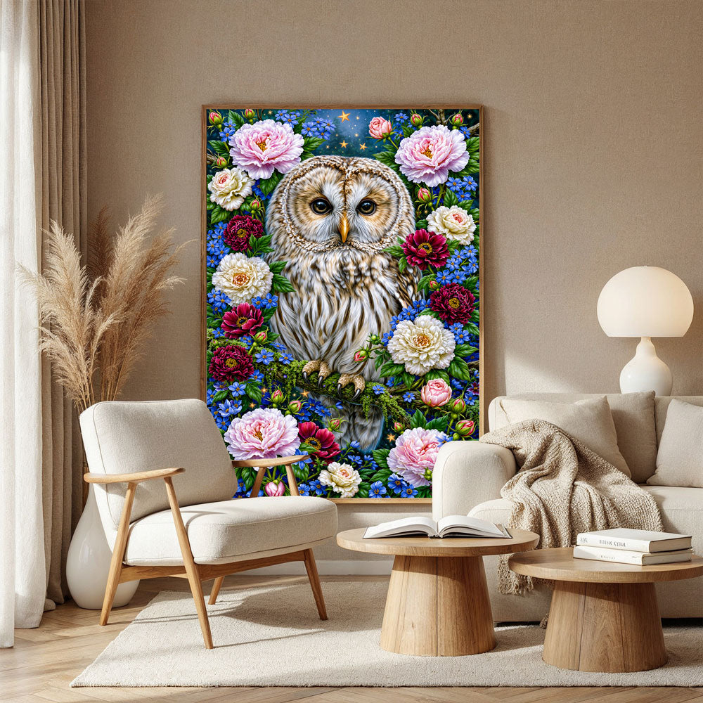 5D Diamond Painting – Eule im Garten der Sternenblüten
