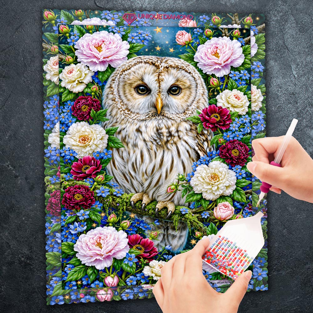 5D Diamond Painting – Eule im Garten der Sternenblüten