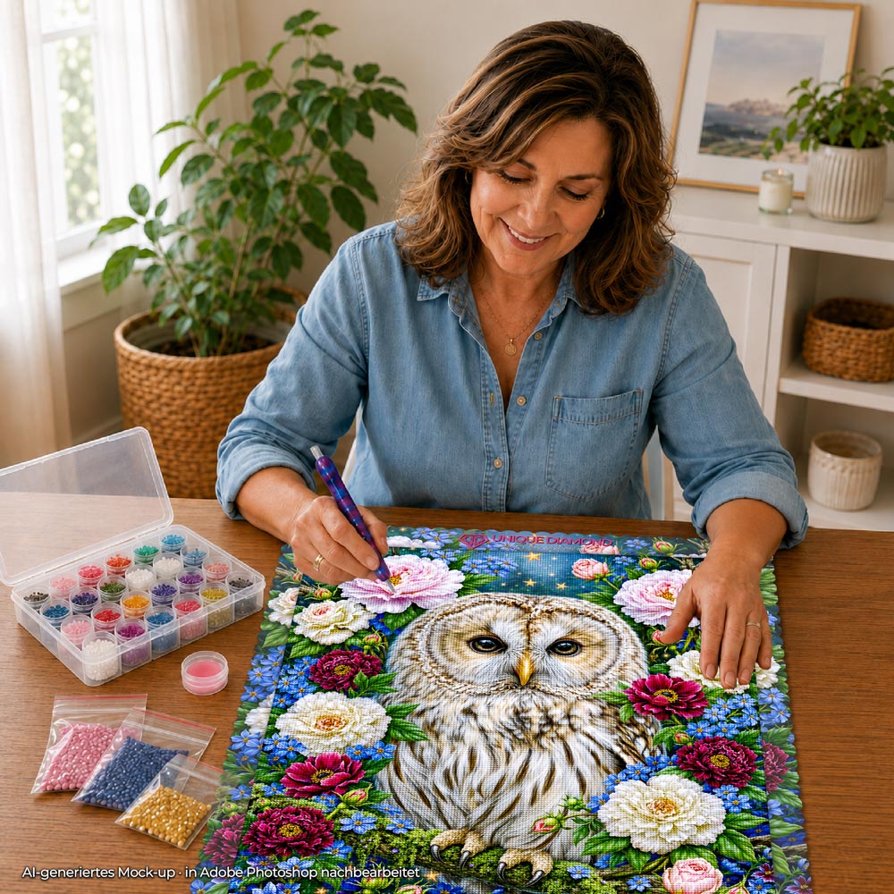 5D Diamond Painting – Eule im Garten der Sternenblüten