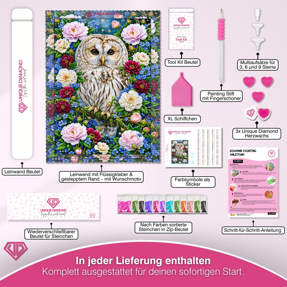 5D Diamond Painting – Eule im Garten der Sternenblüten
