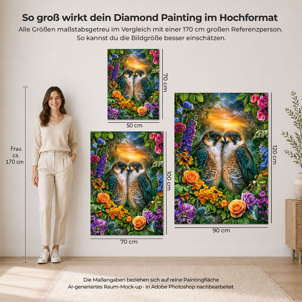 5D Diamond Painting – Falkenliebe im Blütenparadies