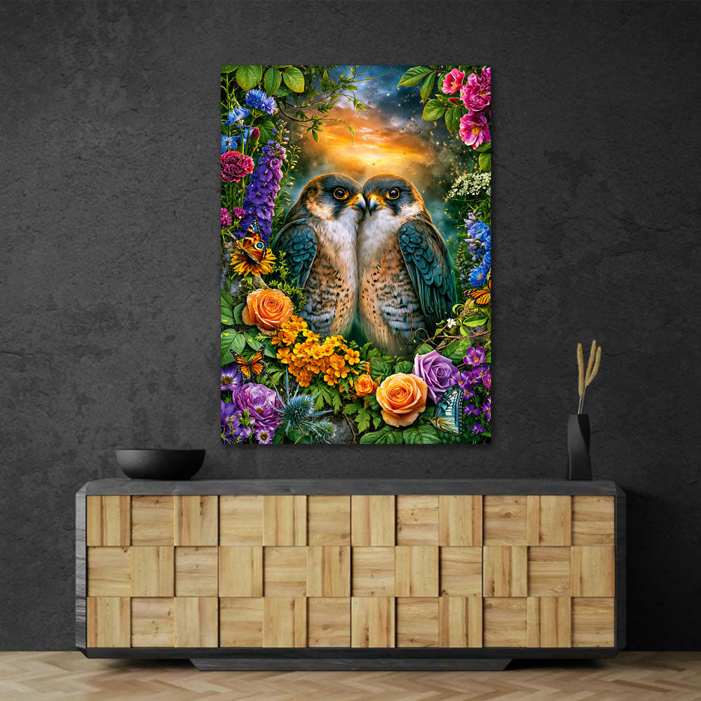 5D Diamond Painting – Falkenliebe im Blütenparadies