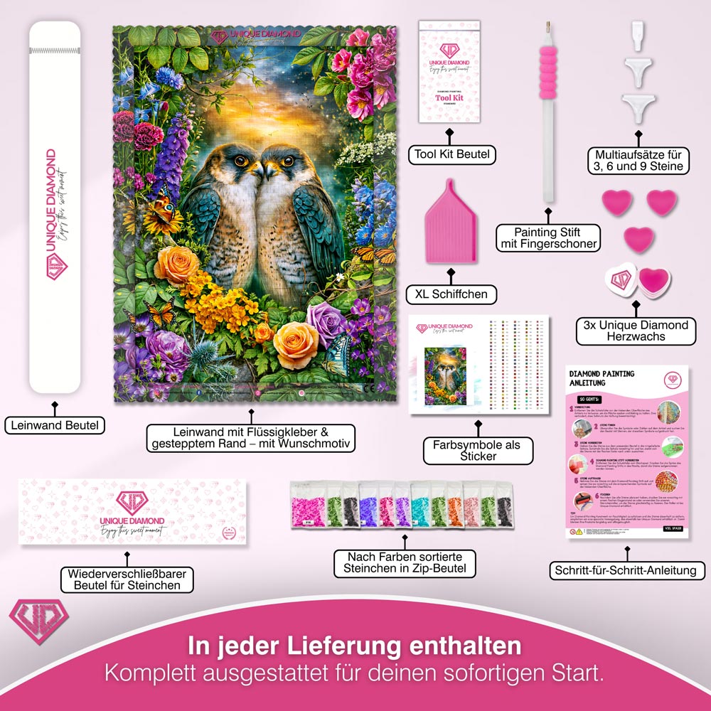 5D Diamond Painting – Falkenliebe im Blütenparadies