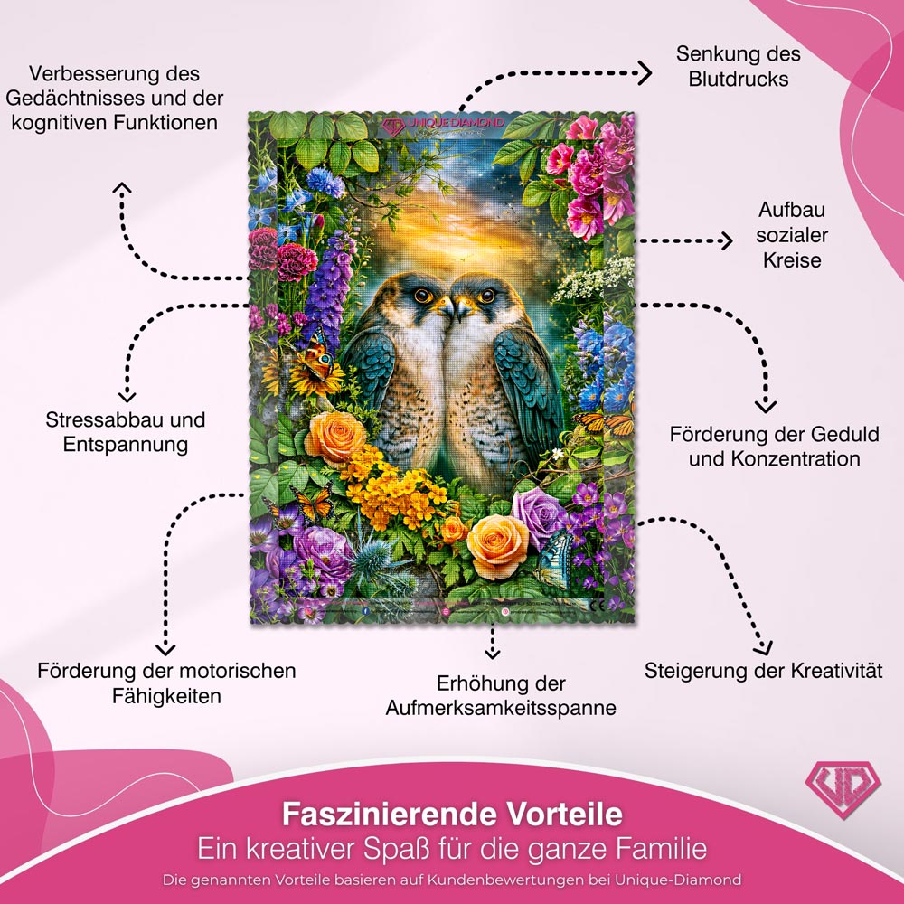 5D Diamond Painting – Falkenliebe im Blütenparadies