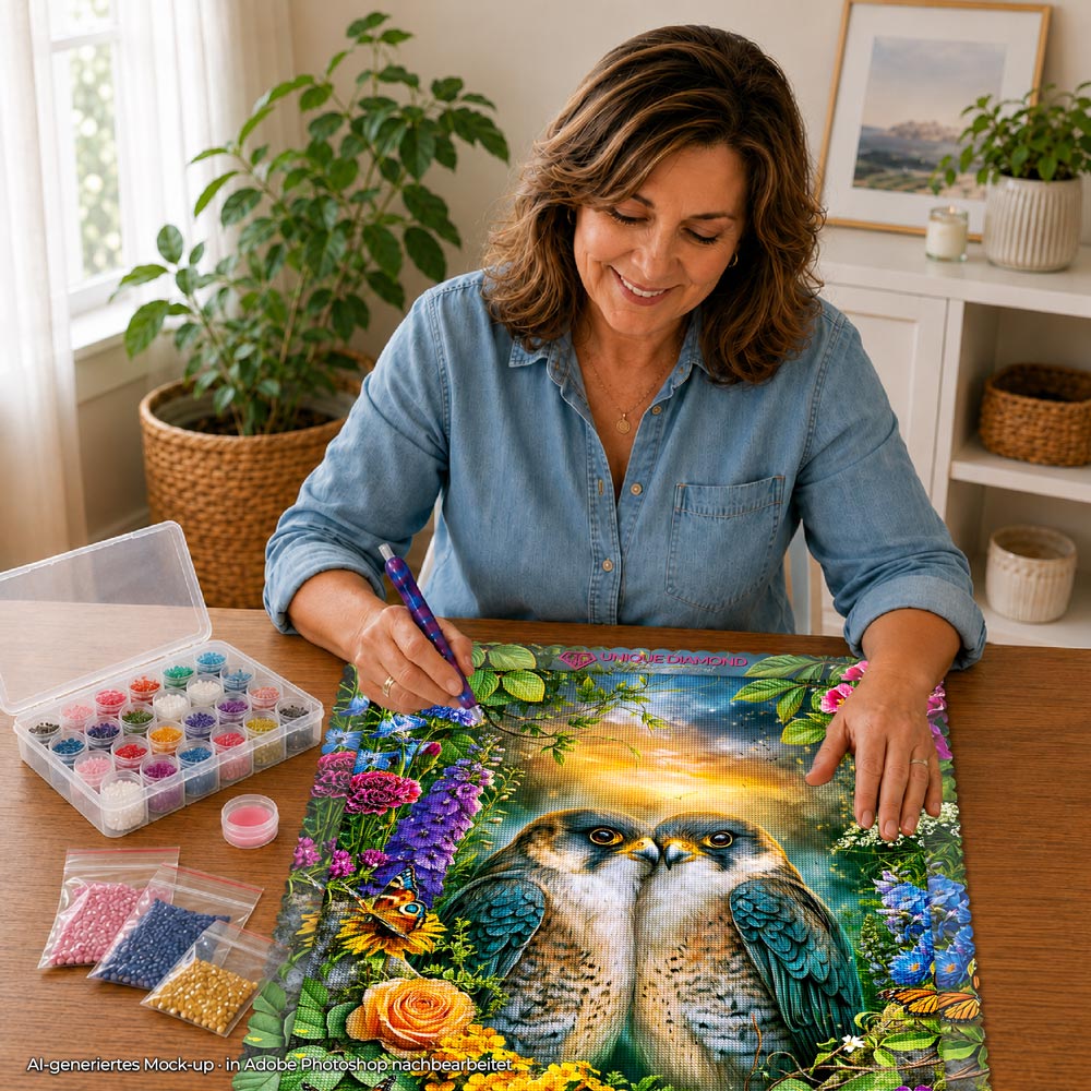 5D Diamond Painting – Falkenliebe im Blütenparadies