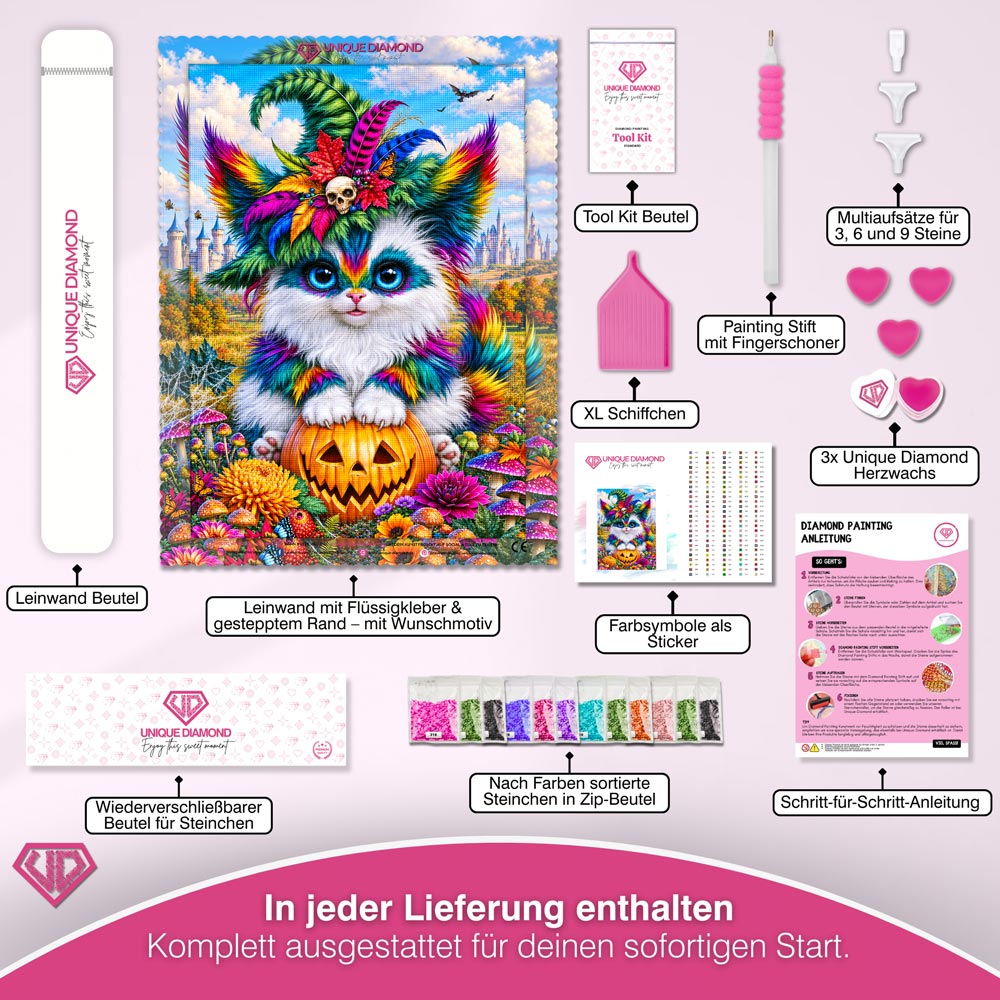 5D Diamond Painting – Farbenfrohe Halloween-Katze im Zaubergarten
