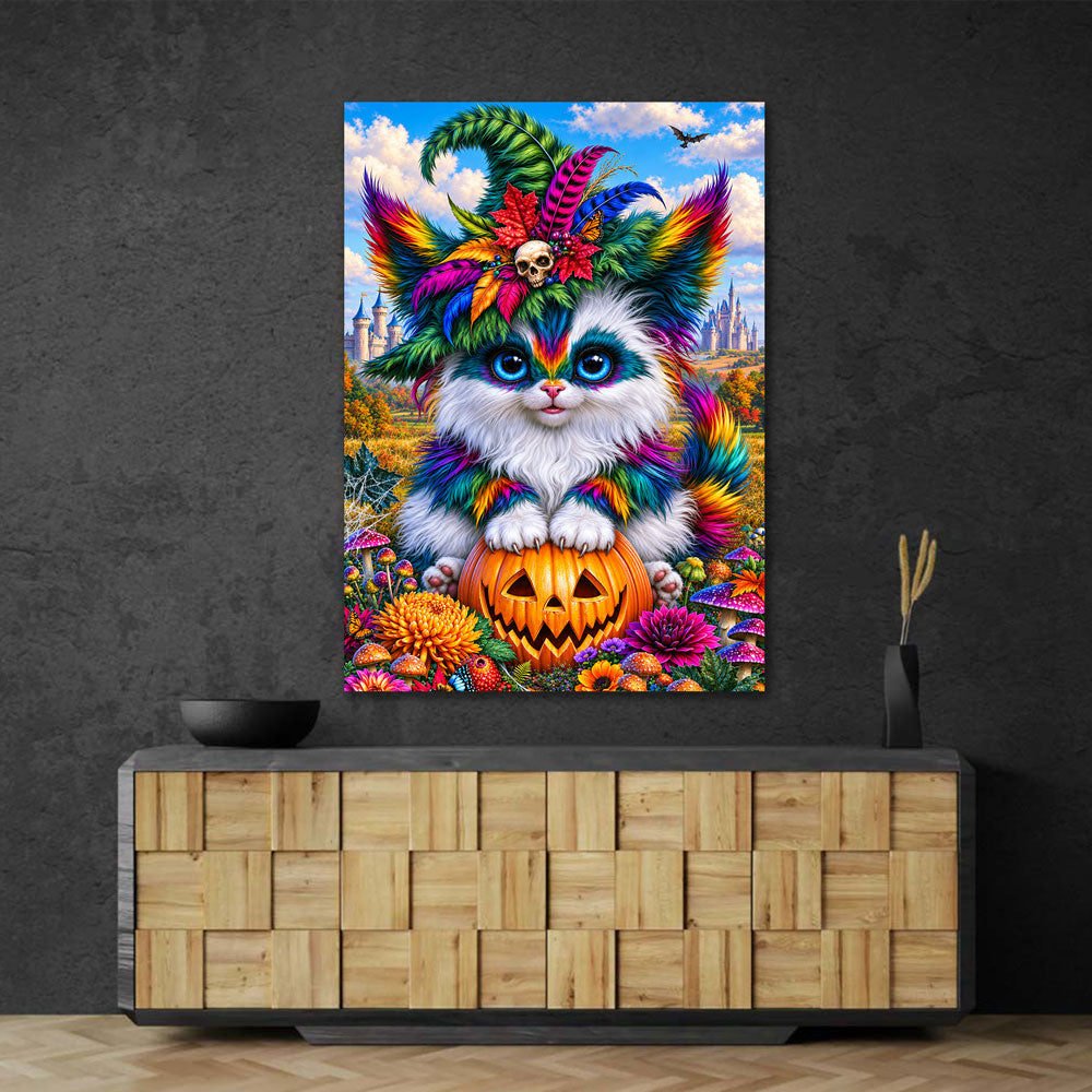 5D Diamond Painting – Farbenfrohe Halloween-Katze im Zaubergarten