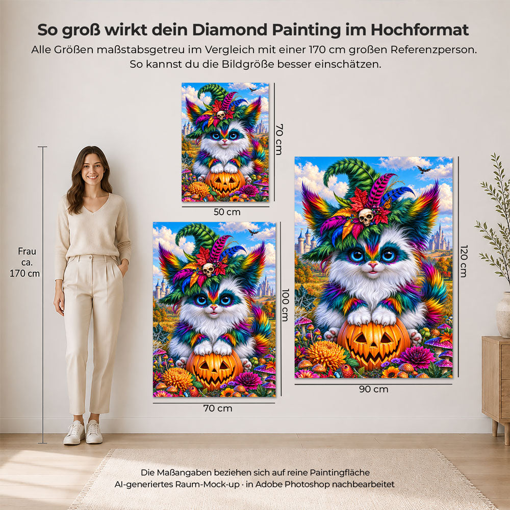 5D Diamond Painting – Farbenfrohe Halloween-Katze im Zaubergarten