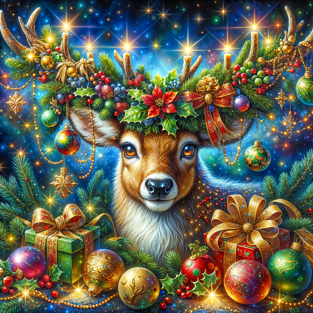 5D Diamond Painting – Festliches Rentier mit Weihnachtsdeko, Unique-Diamond
