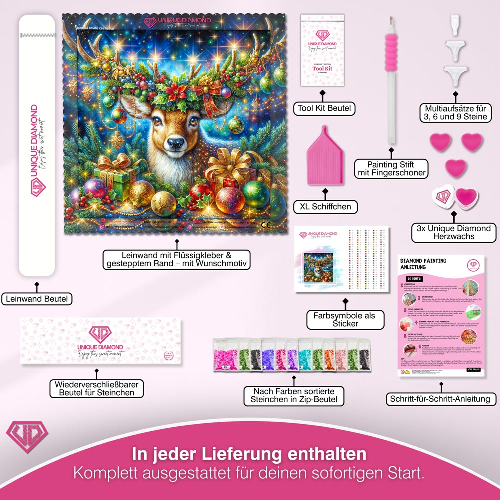 5D Diamond Painting – Festliches Rentier mit Weihnachtsdeko, Unique-Diamond