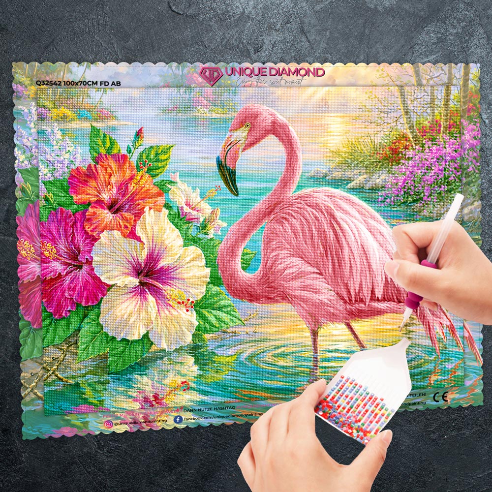 5D Diamond Painting – Flamingo im Hibiskusparadies