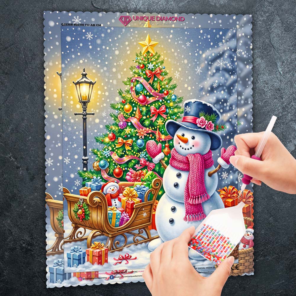 5D Diamond Painting – Fröhlicher Schneemann & Weihnachtsbaumfreude Unique-Diamond