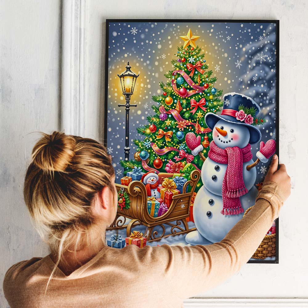 5D Diamond Painting – Fröhlicher Schneemann & Weihnachtsbaumfreude Unique-Diamond