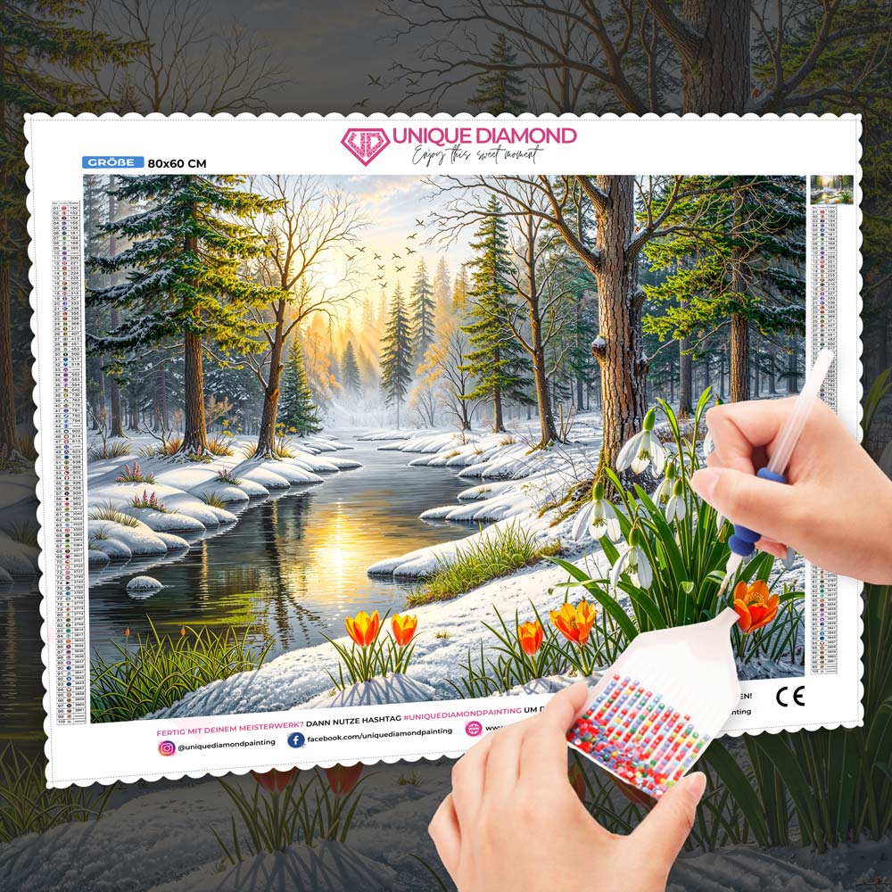 5D Diamond Painting – Frühlingsflüstern im Winterwald, Unique-Diamond