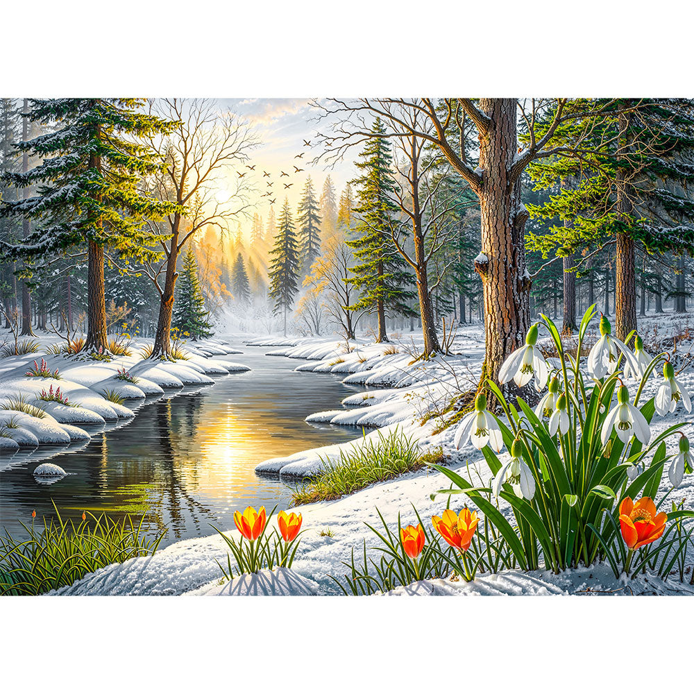 5D Diamond Painting – Frühlingsflüstern im Winterwald, Unique-Diamond