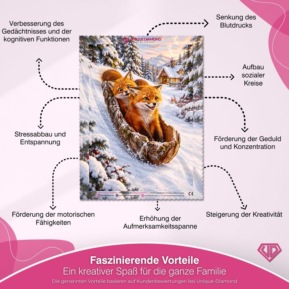 5D Diamond Painting – Fuchsfahrt im Rindenschlitten