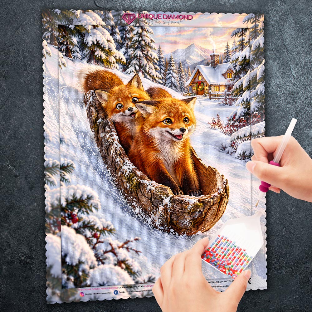 5D Diamond Painting – Fuchsfahrt im Rindenschlitten