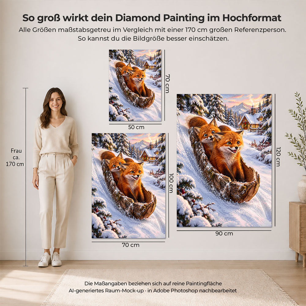 5D Diamond Painting – Fuchsfahrt im Rindenschlitten