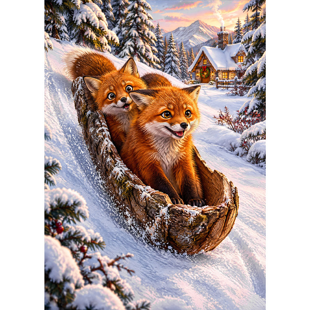 5D Diamond Painting – Fuchsfahrt im Rindenschlitten | Unique Diamond