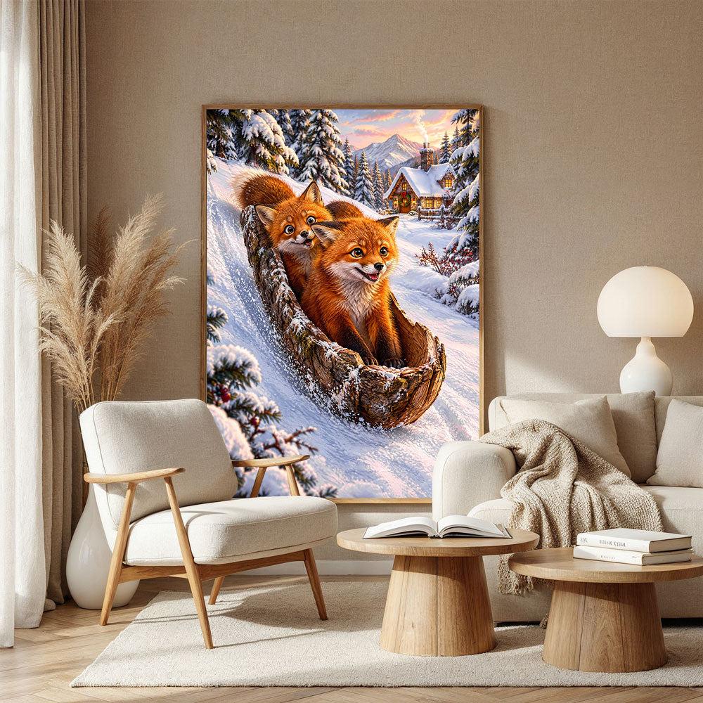 5D Diamond Painting – Fuchsfahrt im Rindenschlitten