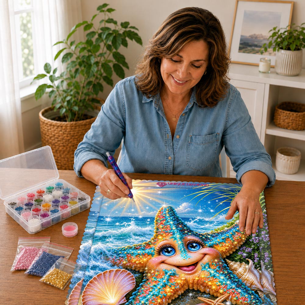 5D Diamond Painting – Funkelnder Seestern am Sonnenstrand