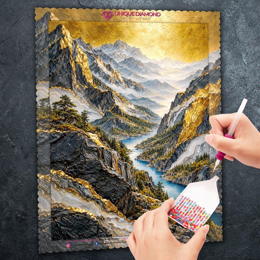 5D Diamond Painting – Gipfelreich unter goldenem Himmel
