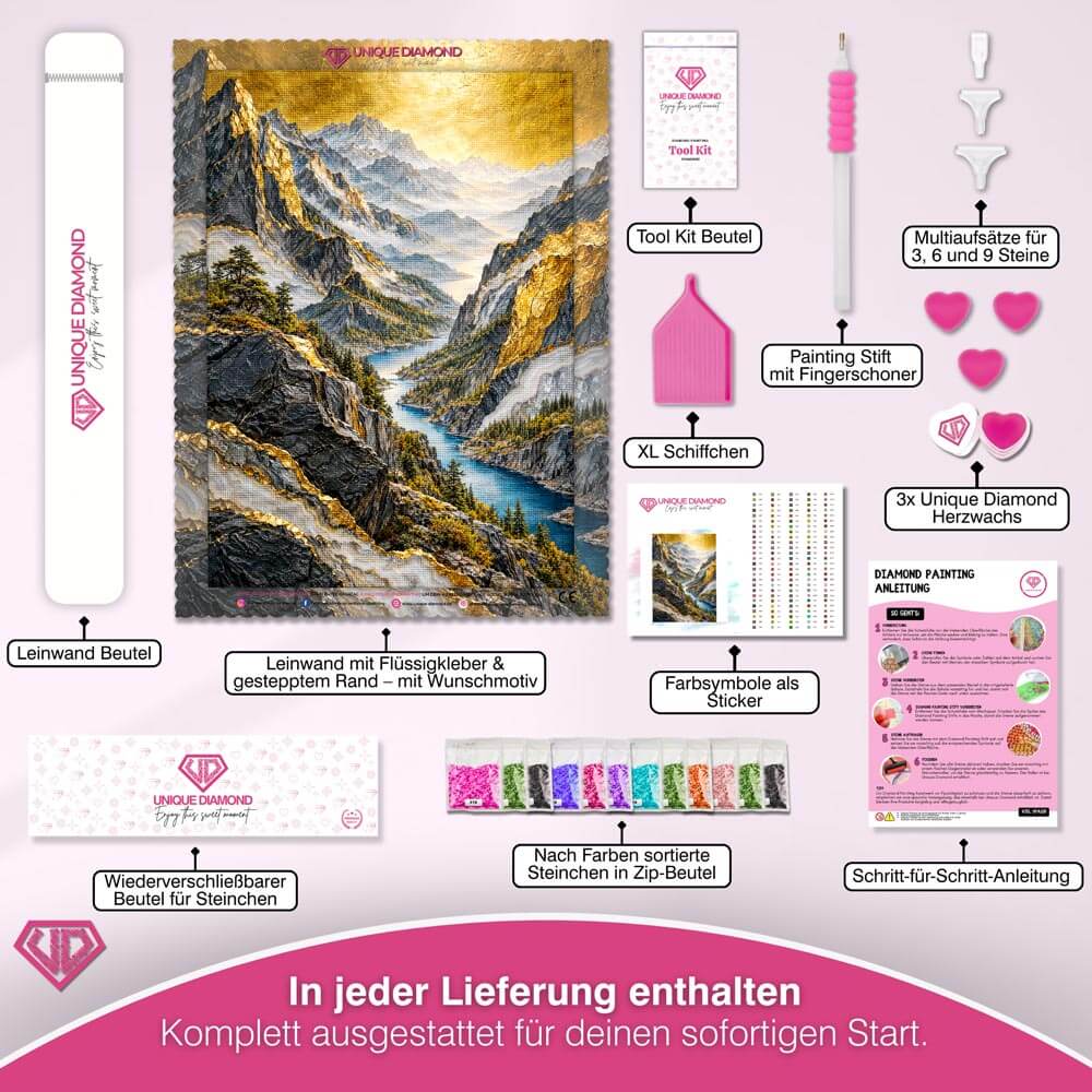 5D Diamond Painting – Gipfelreich unter goldenem Himmel