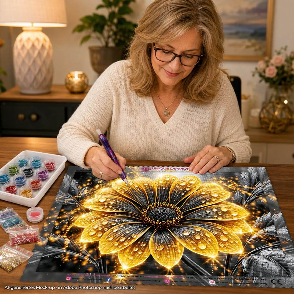 5D Diamond Painting – Goldblüte im Tauzauber