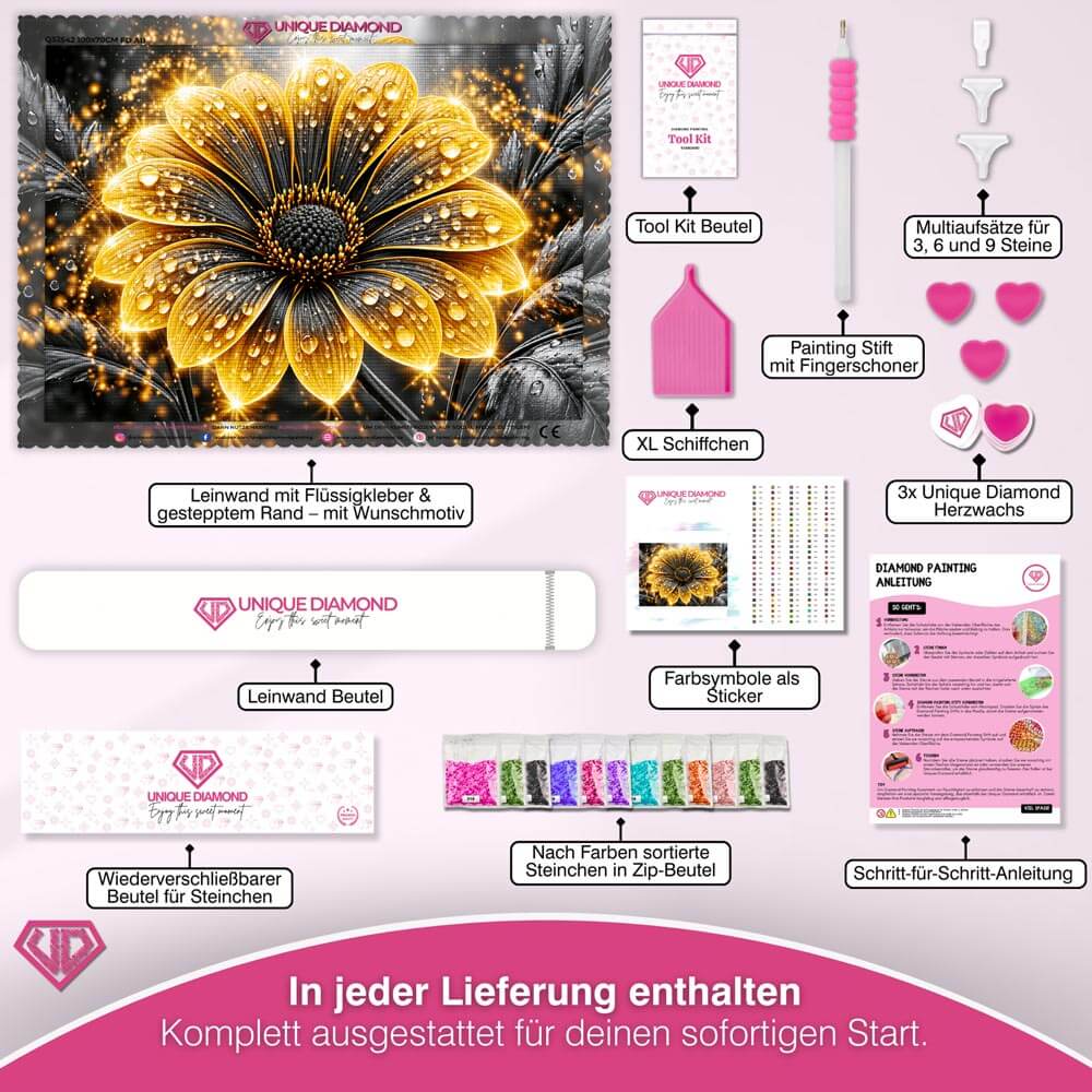 5D Diamond Painting – Goldblüte im Tauzauber
