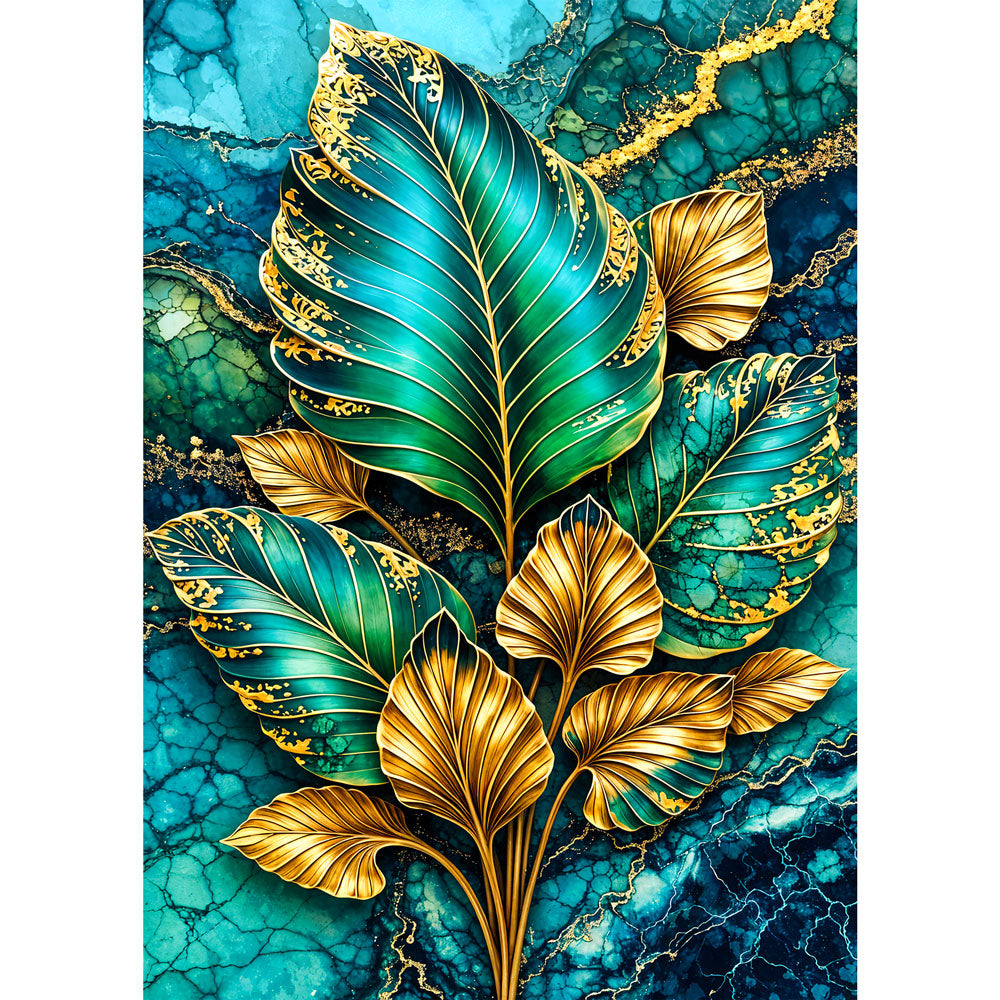 5D Diamond Painting – Golden Emerald Leaves, Unique-Diamond