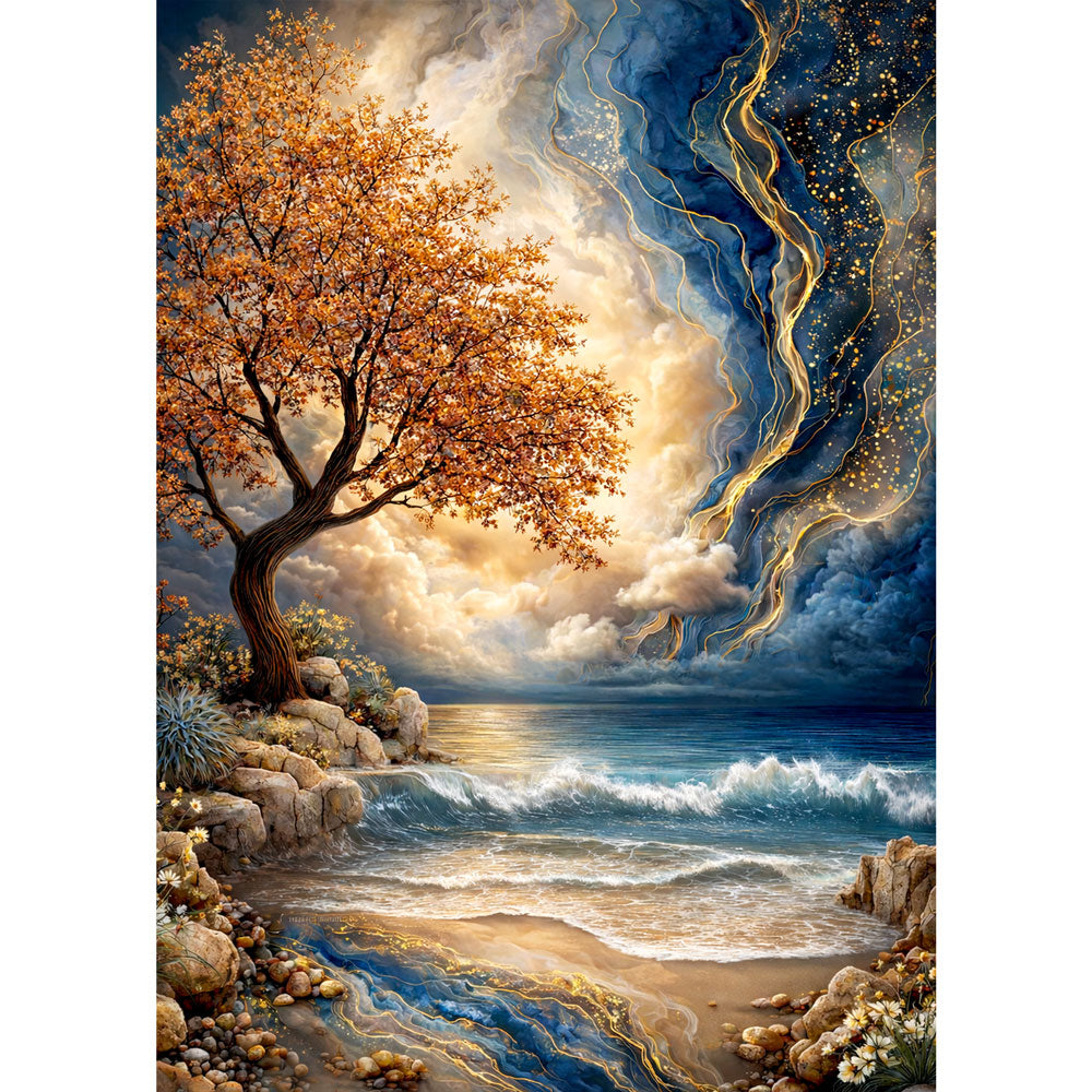 5D Diamond Painting – Golden Ocean Tree, Unique-Diamond
